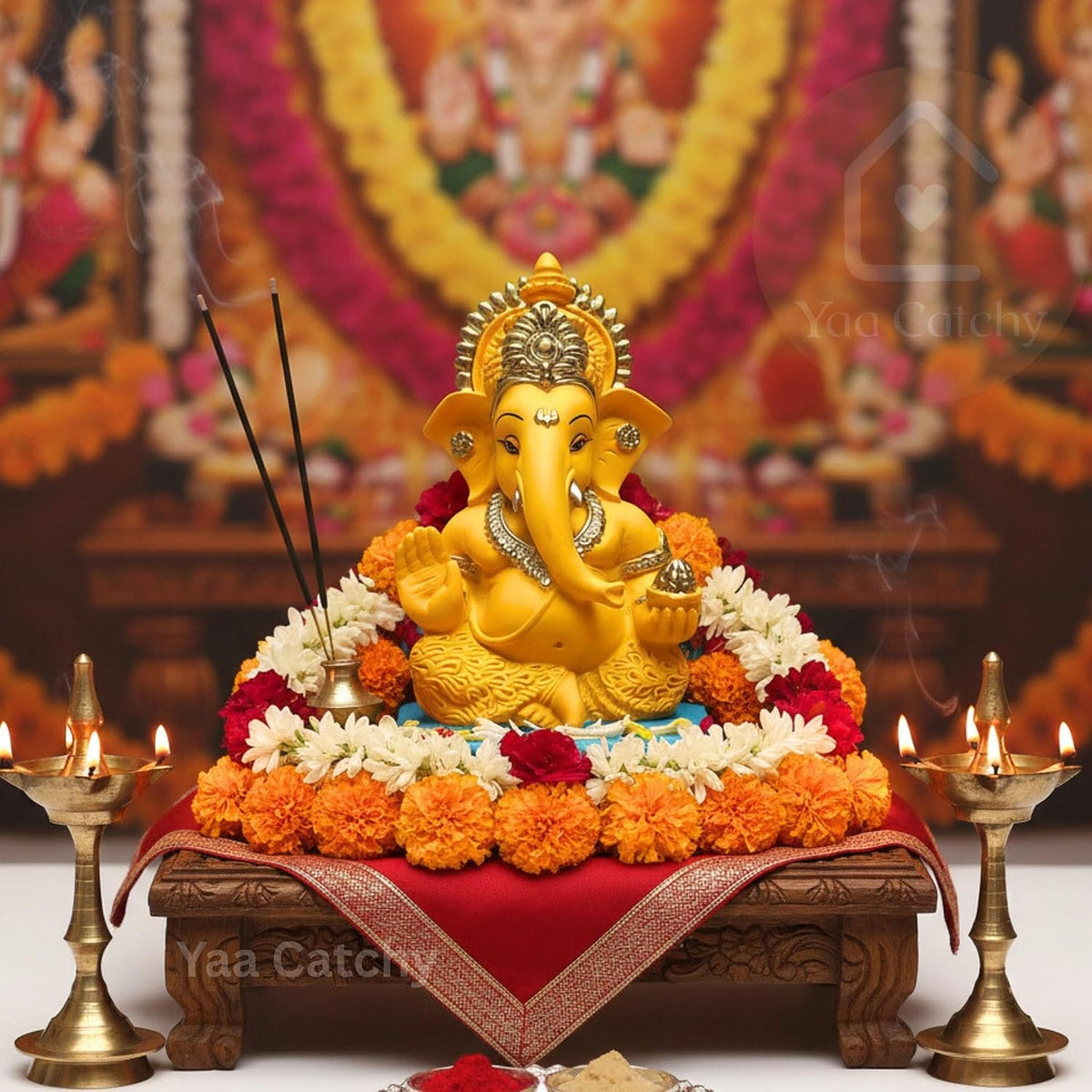 Yaa Catchy Mango Yellow Ganesha Idol Car Dashboard Idol Ganesha Murti Ganpati Idol for Home Decor Pooja Lord Ganesh Statue Gift for Office Desk Pooja Room (Ganesha Yellow & Gold)