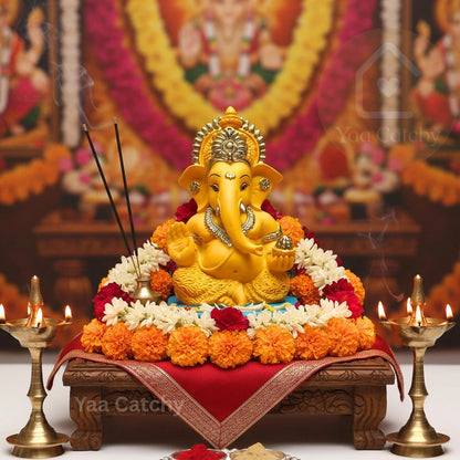 Yaa Catchy Mango Yellow Ganesha Idol Car Dashboard Idol Ganesha Murti Ganpati Idol for Home Decor Pooja Lord Ganesh Statue Gift for Office Desk Pooja Room (Ganesha Yellow & Gold)