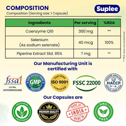 Suplee CoQ10 300mg with Selenium 40mcg & Piperine 7mg | Coenzyme Q10 High Absorption Supplement for Heart Health, Energy & Antioxidant Support | 60 Veg Capsules