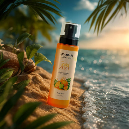 Arabian Aroma body mist bottle on a beach with ocean and palm leaves in the background