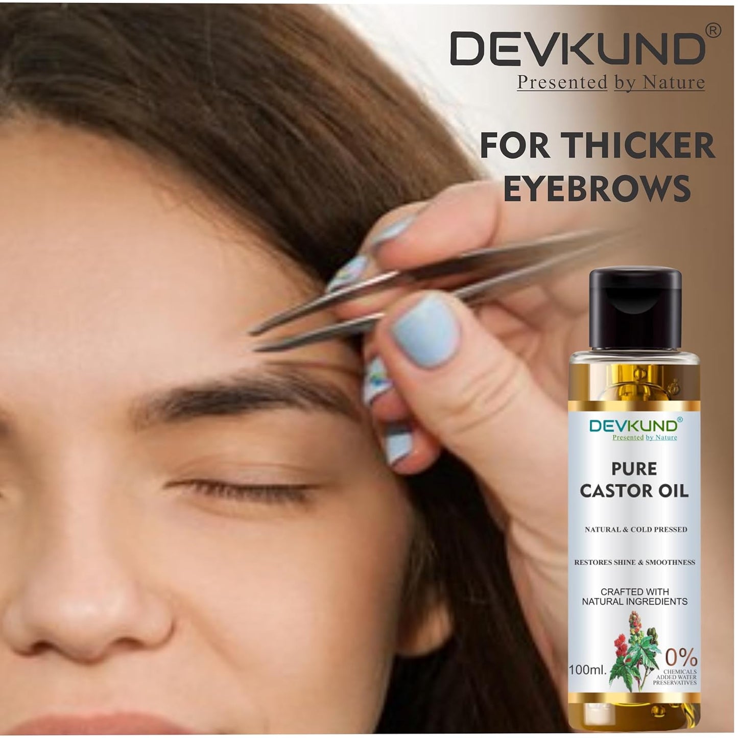 Woman grooming eyebrows with tweezers, Devkund Pure Castor Oil bottle displayed.