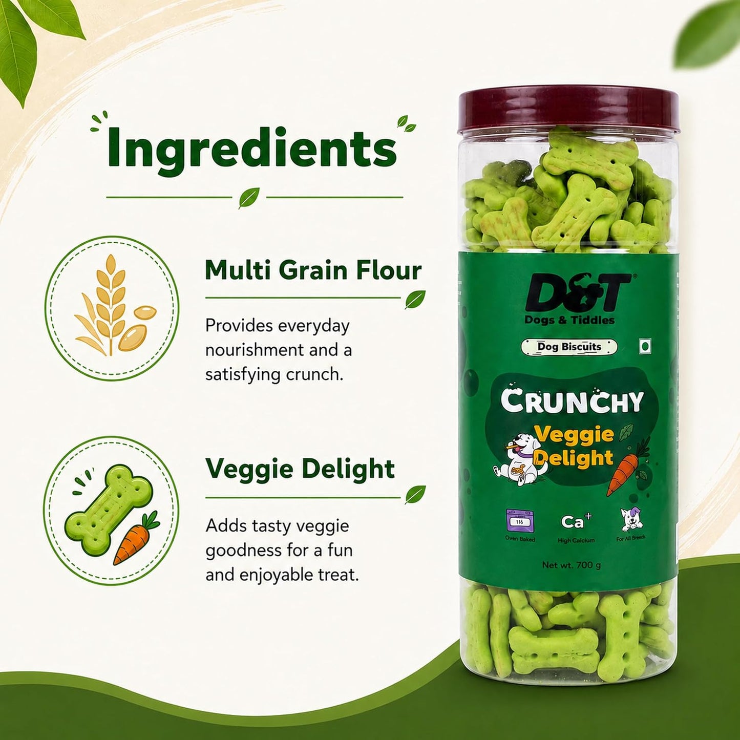 Dogs & Tiddles Veggie Delight Dog Biscuits 700g | Oven Baked Crunchy Dog Treats | High Calcium Dog Snacks for All Life Stages & All Breeds