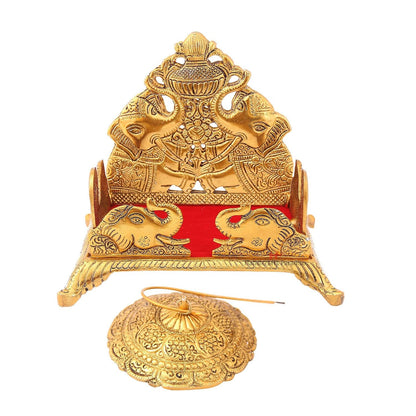 Metal Singhasan Traditional Deity Throne with Elephant Carving Antique Gold Finish & Red Velvet Cushion for Mandir& janmashtami - 6.5 Inch