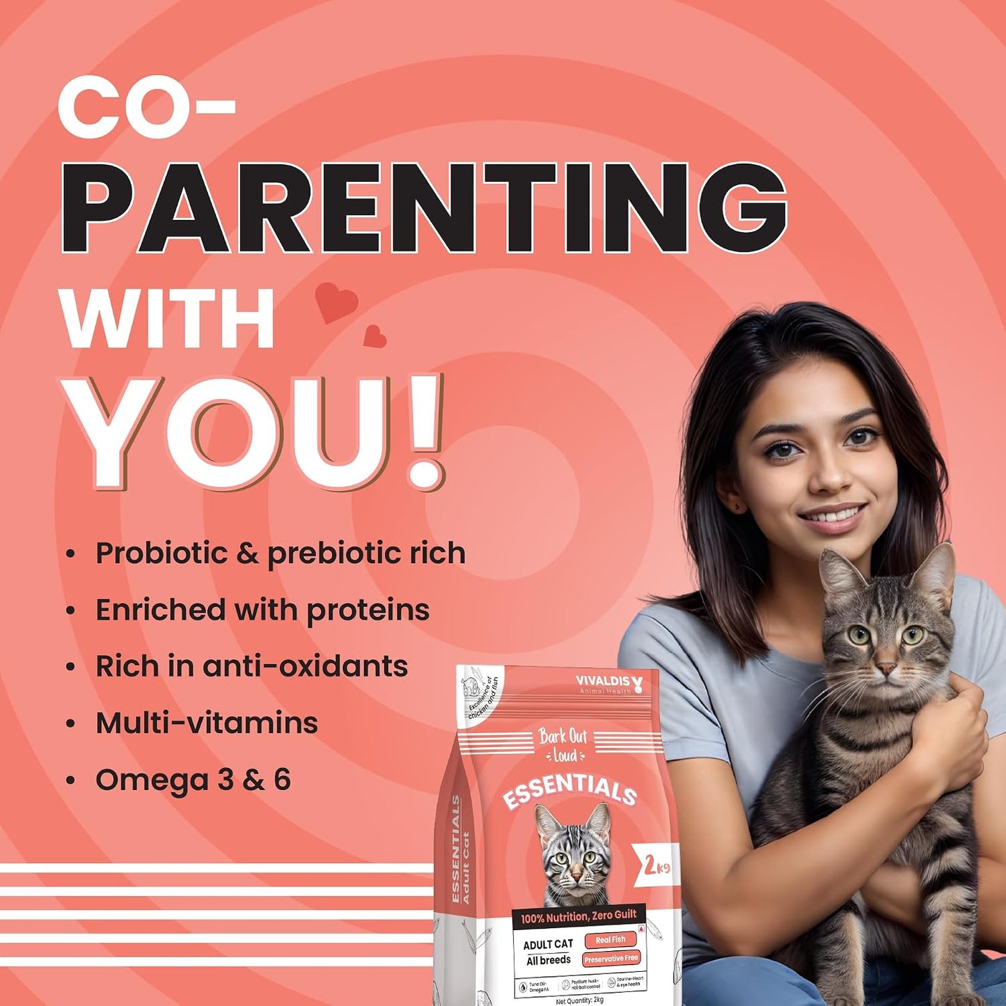 Bark Out Loud Essentials Adult Dry Cat Food | Fresh Fish & Chicken | Hairball Control | with Taurine, Antioxidants & Prebiotics | Complete & Balanced Nutrition - 1Kg