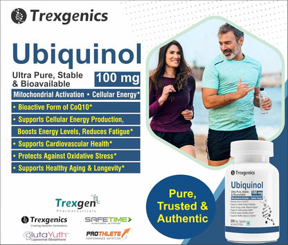 Trexgenics UBIQUINOL 100 mg, Ultra Pure, Stable, Bioavailable, Mitochondrial Function, Cellular Energy, Longevity, Antioxidant (30 Veg Capsules)