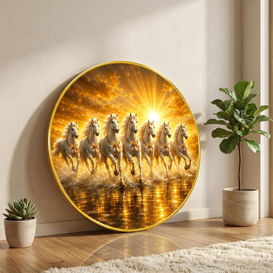 7 Horse Vastu Round Wall Painting with Premium PVC Golden Frame, Golden White Running Horses Sunrise Water Art for Living Room Office Home Decor Gift (20 x 20 Inch) GRL-448