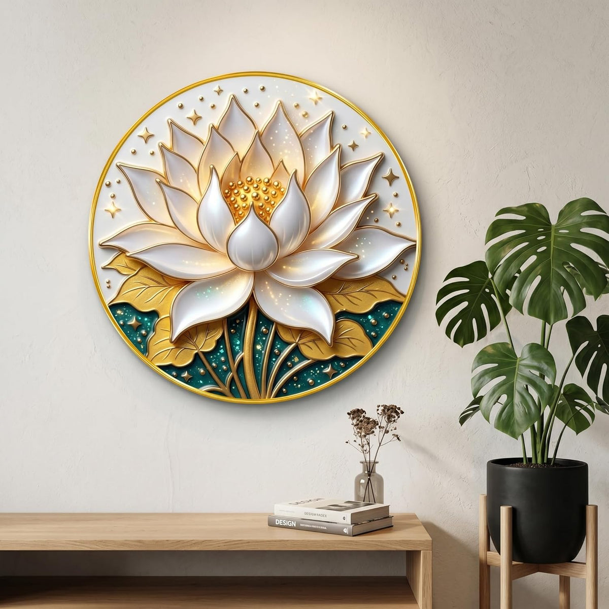 Lotus Flower Wall Painting with Golden PVC Frame Round Floral Wall Art Modern Elegant Decor for Living Room Bedroom Office Spiritual Home Decorative Gift Item (16 x 16 Inch) GRM-354