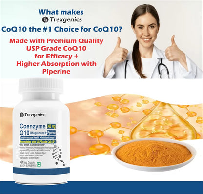 Trexegenics CoQ10 supplement with a doctor giving a thumbs up, surrounded by text about product features.