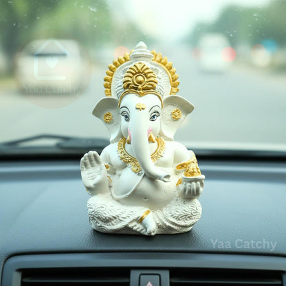 Yaa Catchy White & Gold Ganesha Idol Car Dashboard Idol Ganesha Murti Ganpati Idol for Home Decor Pooja Lord Ganesh Statue Gift for Office Desk Pooja Room (Ganesha Resin White & Gold)