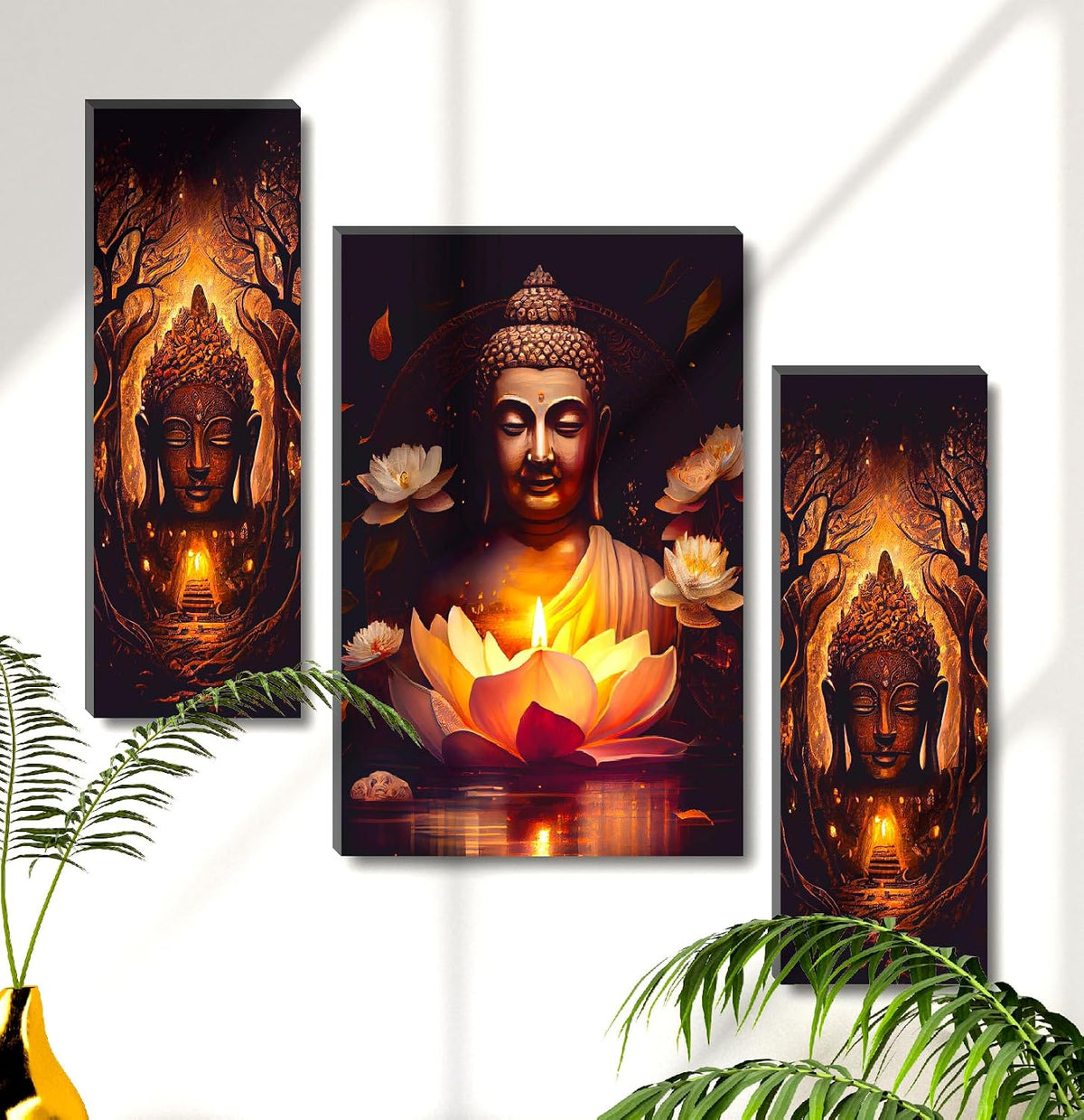 Radiant Lotus Buddha Wall Art – 3-Panel Enlightenment Triptych | UV-Printed, Ready-to-Hang Spiritual Zen Décor (20 Inch x 12 Inch) JM-35295