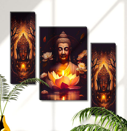 Radiant Lotus Buddha Wall Art – 3-Panel Enlightenment Triptych | UV-Printed, Ready-to-Hang Spiritual Zen Décor (20 Inch x 12 Inch) JM-35295