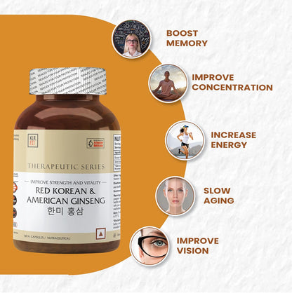 Klr.Fit's Korean Red and American Ginseng | Boosts Energy, Supports Immune System, and Reduce Stress | For Men & Women | With 20% Ginsenosides content | 50 Capsules