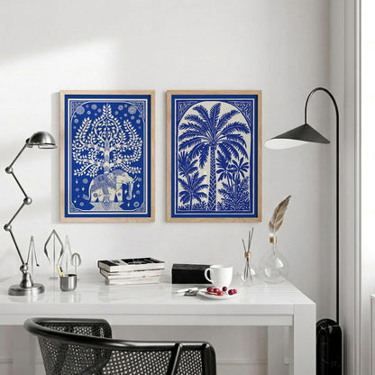 Blue White Elephant Tree of Life Wall Art Painting | Set of 2 Framed Paintings | Indian Folk Art Decor for Living Room Bedroom Home Office | (ART 10, 13x19 INCHES)