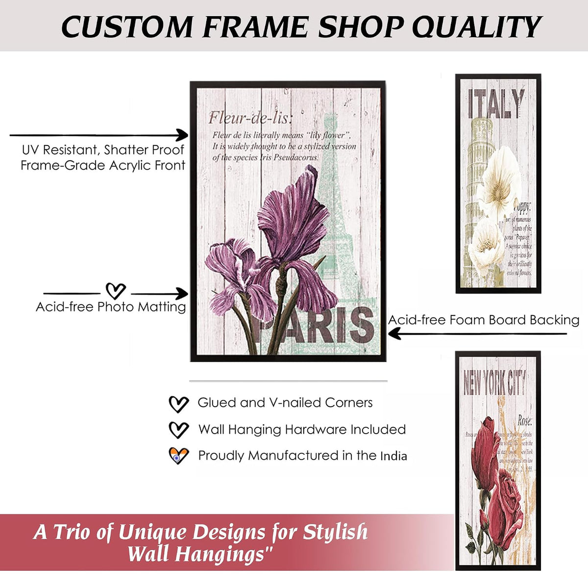 Wall Painting Frames For decor, Pictures Frame For Living Room, Home Decoration, Bedroom, Set of 3, 1pc- 23 x 30 cm, 2pc- 12.5 x 30 cm (Design 13)