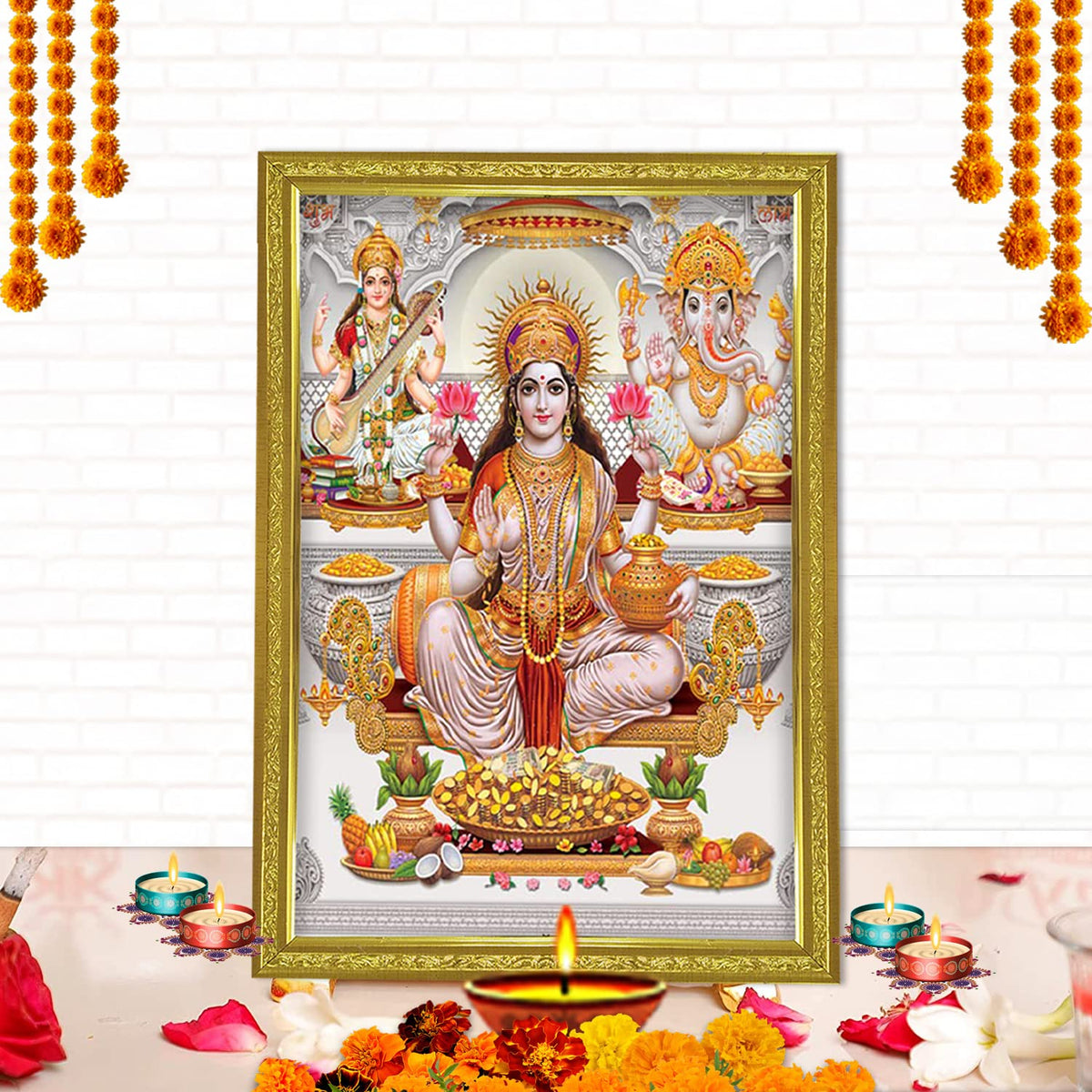 Lakshmi With Ganesha and Saraswati Photo Painting with Golden Frame for Temple - (14 x 12 Inches)