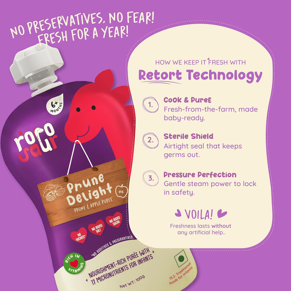 Rorosaur Baby Food Pouch | Prune Fruit Puree helps with constipation & indigestion for Baby and Toddlers,6+ Months, No more tummy problems | Ready to Eat, No Preservatives, No Added Sugar |100g each, Pk of 2