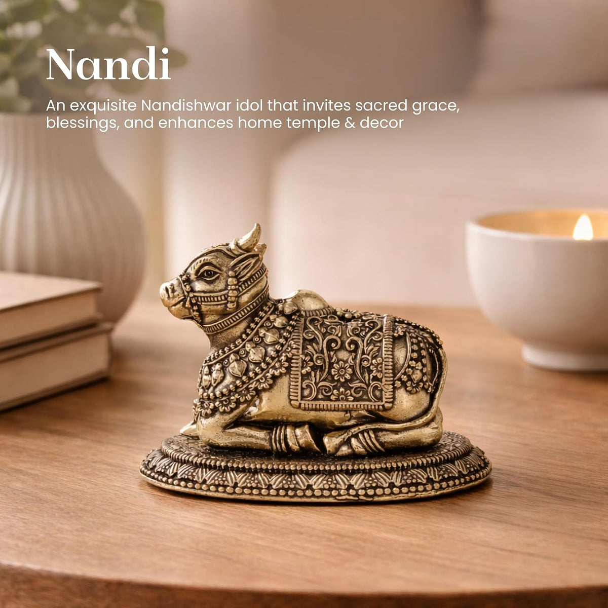 Handcrafted Brass Nandi Murti | Sacred Bull Idol for Shiva Pooja & Home Temple | Traditional Hindu Devotional Statue (Design02: L7 x W4 x H5 cm)