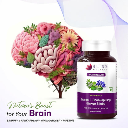 Bliss Welness Brain Booster | Memory, Focus & Concentration Support | Nootropic Supplement for Anxiety Relief & Calmness, Mood Support | Brahmi, Shankpushpi, Ginkgo Biloba & Piperine (1 Month Pack (60 Tablets))
