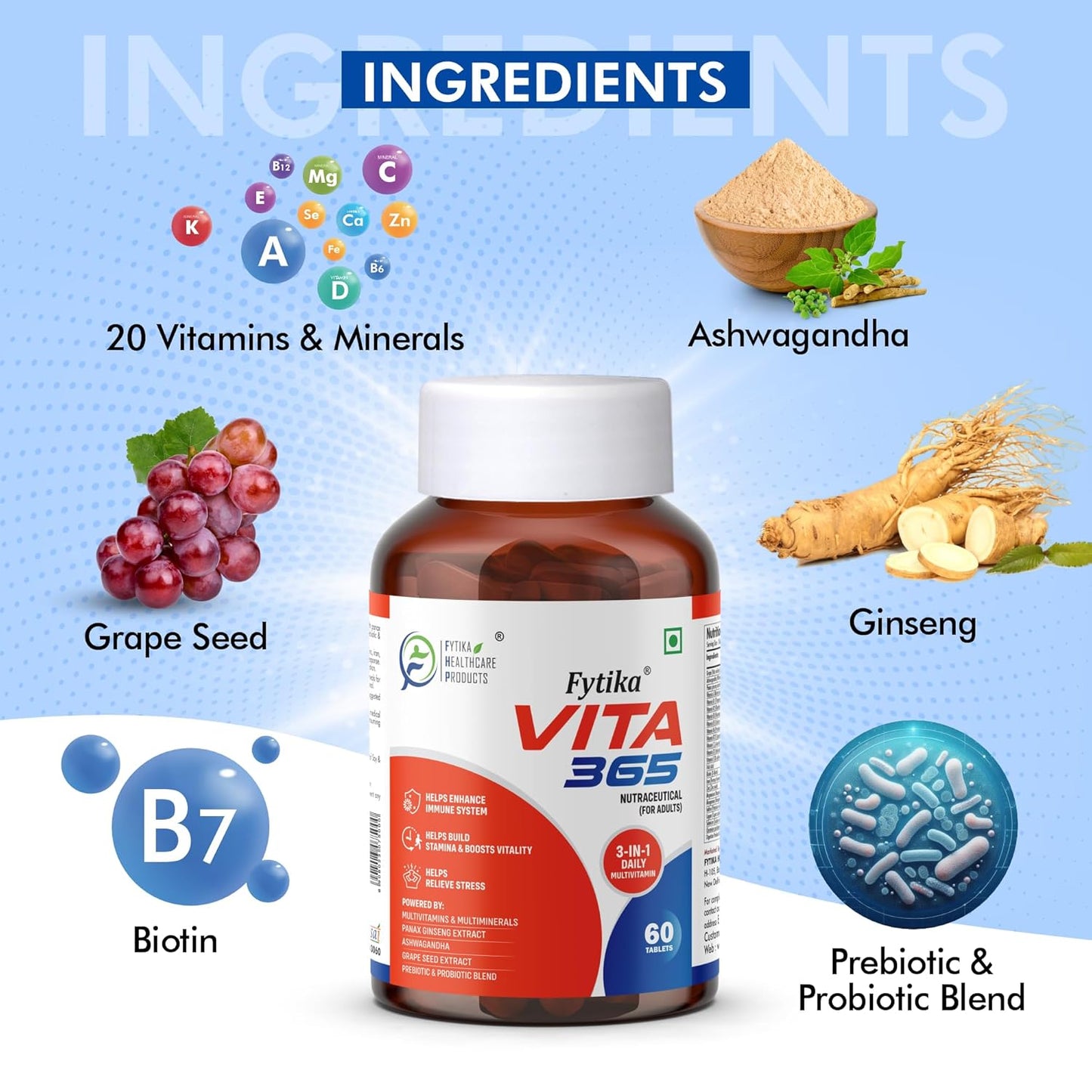 Fytiika Vita 365 supplement bottle with ingredients listed on a blue background