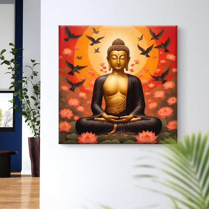 Buddha Wall Art Canvas, Meditation Lotus Flowers, Spiritual Zen Decor with Birds, Orange Sunset Background 16 Inch x 16 Inch CVS-38103