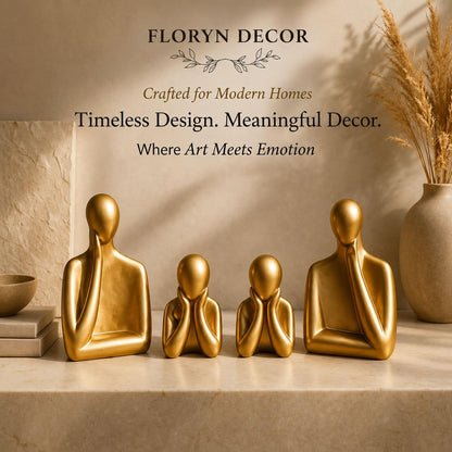 Ceramic Family Statue Set of 4 – Home Decor Items for Living Room, Bedroom, Office & Table Artifact (Gold)
