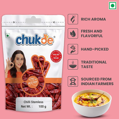 Chukde Lal Mirch Sabut Guntur, Chilli Stemless Whole Spices, 100g