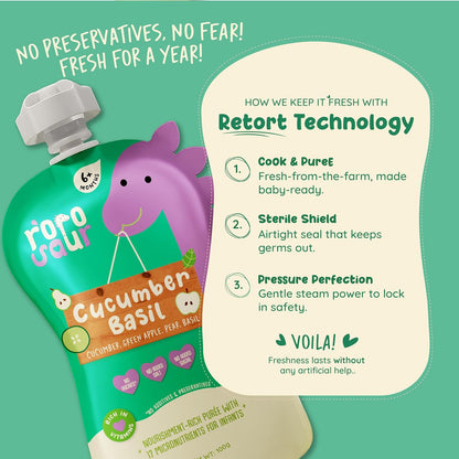Rorosaur Ready to Eat Fruit & Veggie Baby Food Puree Pouch 100g each, Pk of 2 | Puree with Green Apple, Cucumber & Pear for 6+ Months Baby | 100% Natural, No Preservatives, No Added Sugar