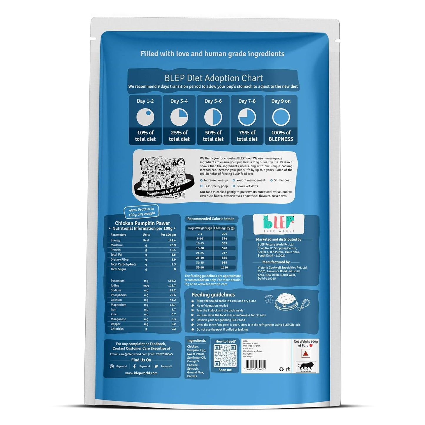 BLEP Dog Food Adult & Puppy | 100g | Dog Wet Food, High Protein, Omega 3&6, Contains Chicken Breast, Broccoli, Fresh Vegetables, Zero Preservatives, Digestible, Human Grade Fresh (Pack of 1)