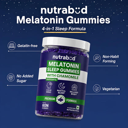Nutrabud Melatonin Sleep Gummies 3mg For Men, Women | No Added Sugar | Fall Asleep Fast & Restful Deep Sleep | Blackcurrant Flavor Veg Gummy Supplement (60 Count (Pack of 1))
