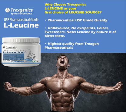 Trexgenics L-LEUCINE PHARMACEUTICAL USP grade 33 Servings, Unflavoured Pure Powder Recovery, Muscle Preservation, Muscle Growth (100 gram)