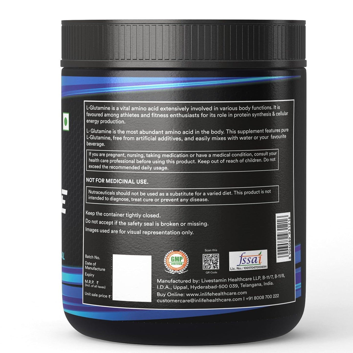 INLIFE L Glutamine Powder 5000mg | L Glutamine Supplement for Men - Unflavoured - 60 SERVINGS - 300g
