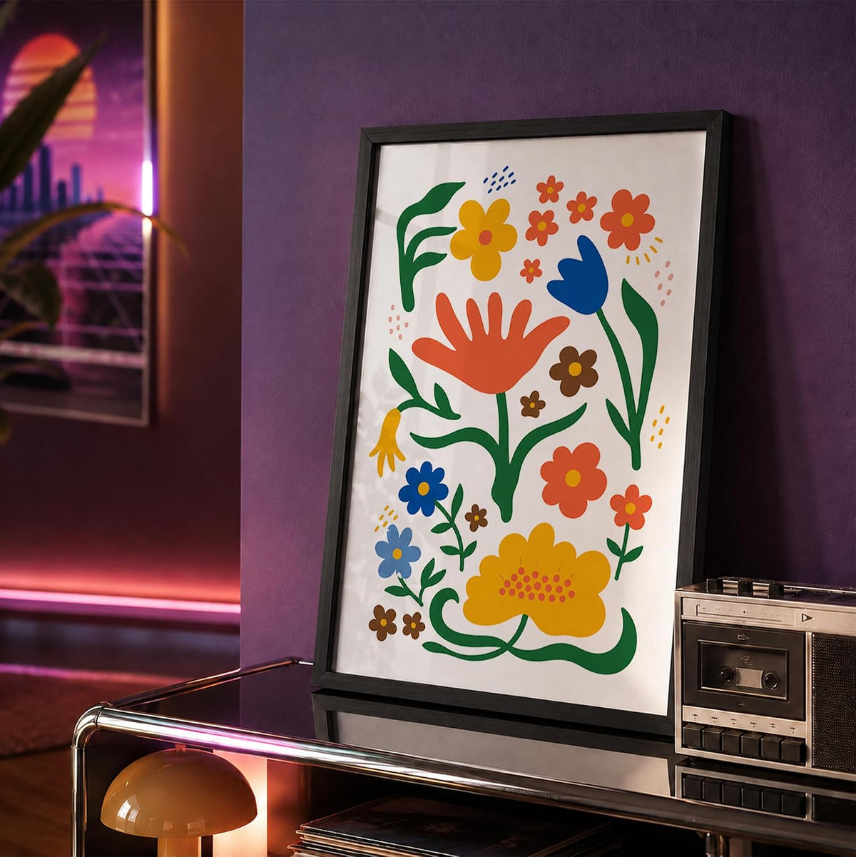 Floral Wall Art for Home Decor, Framed Flower Painting for Living Room, Bedroom & Office, Boho Folk Botanical Artwork, Colourful Aesthetic Wall Décor (DGN15-Black10x13 inch)