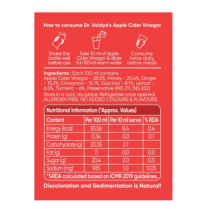 Dr. Vaidya Apple Cider Vinegar Juice | Natural ACV Juice for Weight Loss & Detox | Aids Digestion & Gut Health | Metabolism Booster | ACV Detox Drink Fat Burner for Men & Women | 450ml