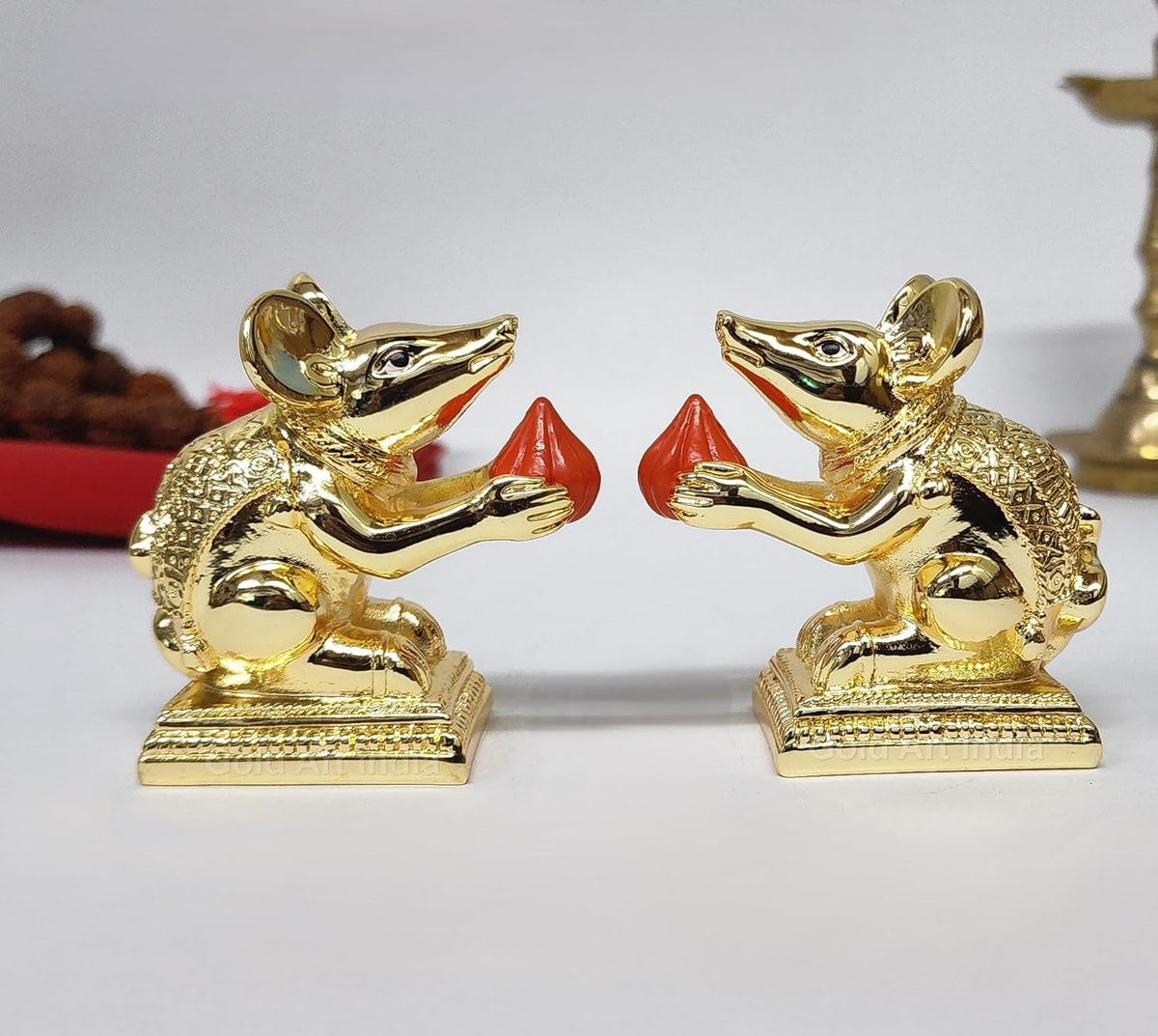 Gold Art India Gold-Plated Mushak (Mooshak) Mouse Pair with Modak | Orange Terracotta Finish | Mouse Idol | Vehicle (Vahana) of Lord Ganesha | 2.5 Inch Height | Mandir (Set of 2 pcs)
