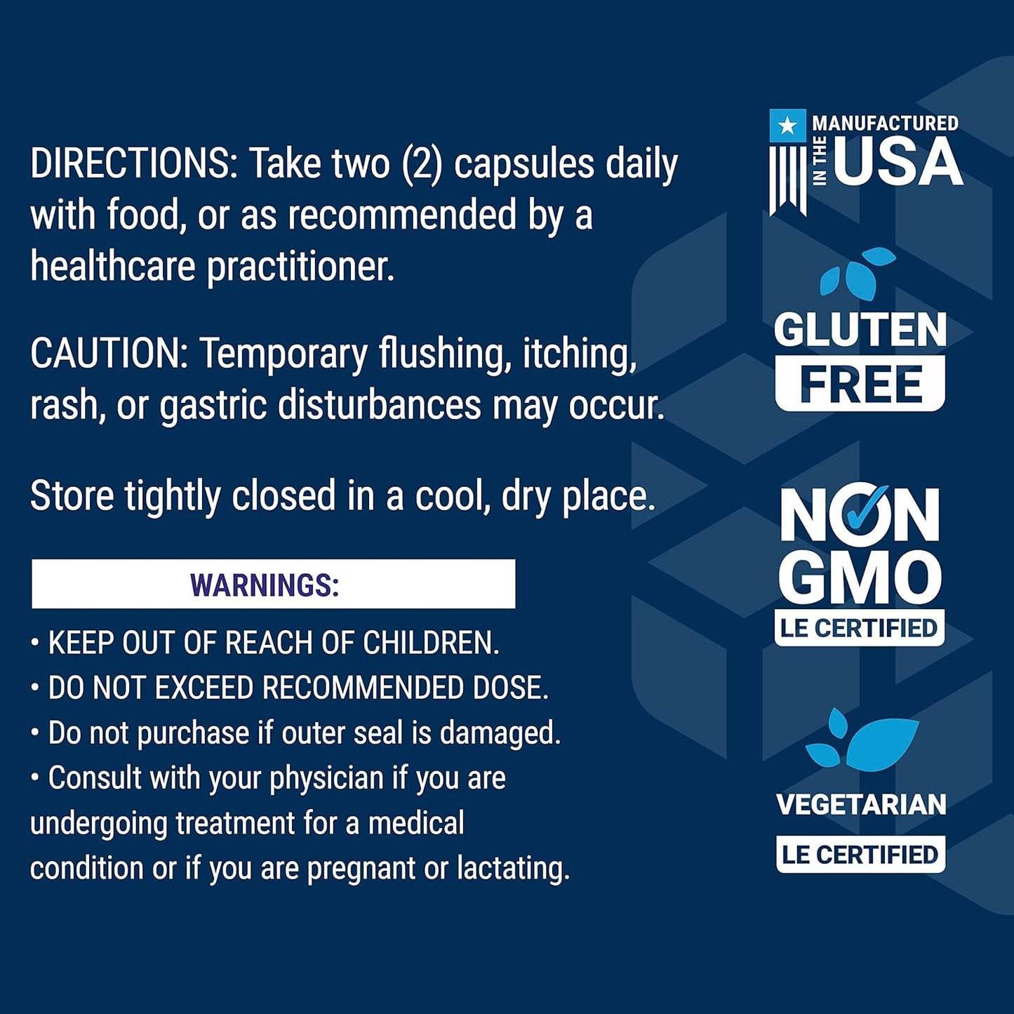 Product label with directions, cautions, and certification logos on a blue background