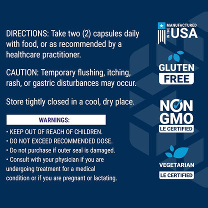 Product label with directions, cautions, and certification logos on a blue background