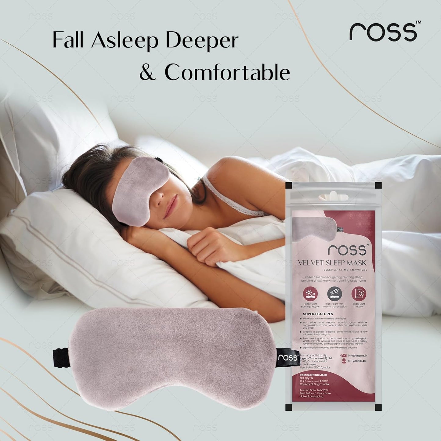 Ross Breathable Fabric Sleep Eye Mask – Ultra-Soft, Smooth & Cozy with Adjustable Strap for Ultimate Comfort, Light Blocking & Deep Sleep – Perfect for Travel, Meditation, Naps, Relaxation & Stress Relief - Grey
