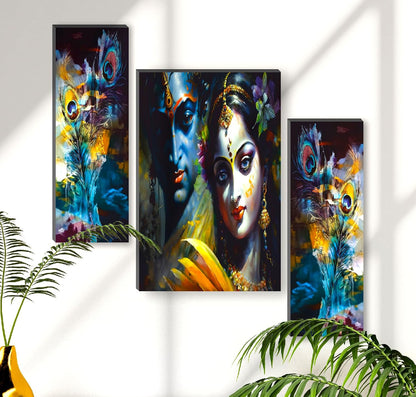 Radha Krishna Portrait & Peacock Feather Wall Art – Vibrant Spiritual Triptych Set of 3 | UV-Printed, Ready-to-Hang Home Décor (20 Inch x 12 Inch) JM-35288