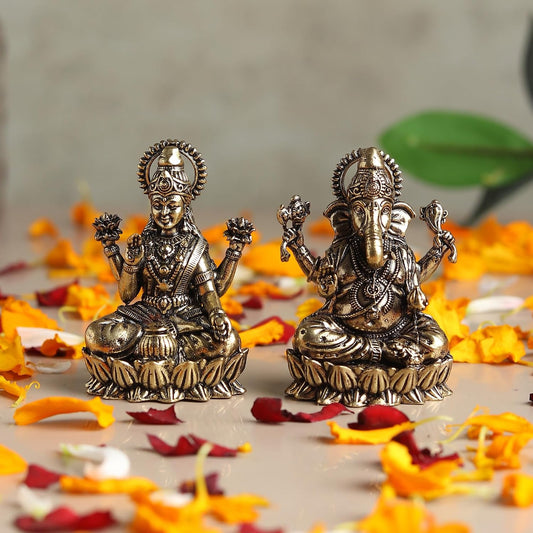 Brass Lakshmi Ganesh Idol Set for Pooja Room | Pure Brass Lakshmi Ganesh Murti for Home | Decorative Statue for Mandir (Design01: L3.5 x W2.5 x H5 cm)