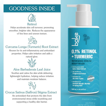 BAKE 0.1% Retinol & Turmeric Renewing Serum Body Wash for Anti Aging | Boosts Collagen Production, Increases Skin Elasticity & Reduce Fine Lines & Wrinkles | For Women & Men | 300ml