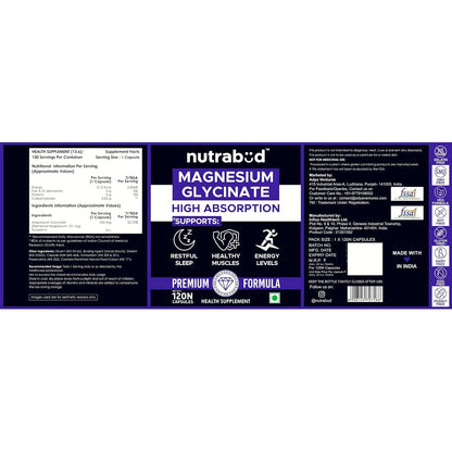 Nutrabud Magnesium Glycinate Supplement - 120 Vegetable Capsules - 550mg for Men, Women | High Absorption Chelated Form for Healthy Muscles, Nerves & Better Sleep (120 Count (Pack of 1))