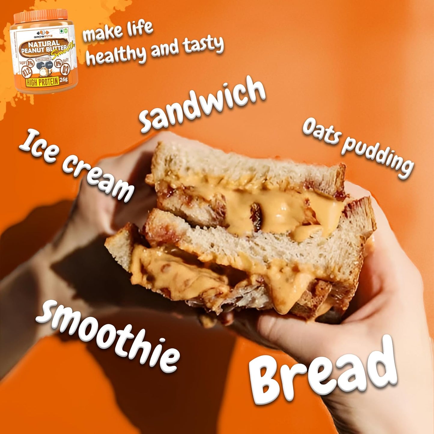 Growfitz Natural Peanut Butter Smooth 800g | 26g High Protein | Unsweetened, 100% Roasted Peanuts | Nut Butter Spread for Workout | No Sugar, No Palm Oil, Gluten & Cholesterol Free (Pack of 1)
