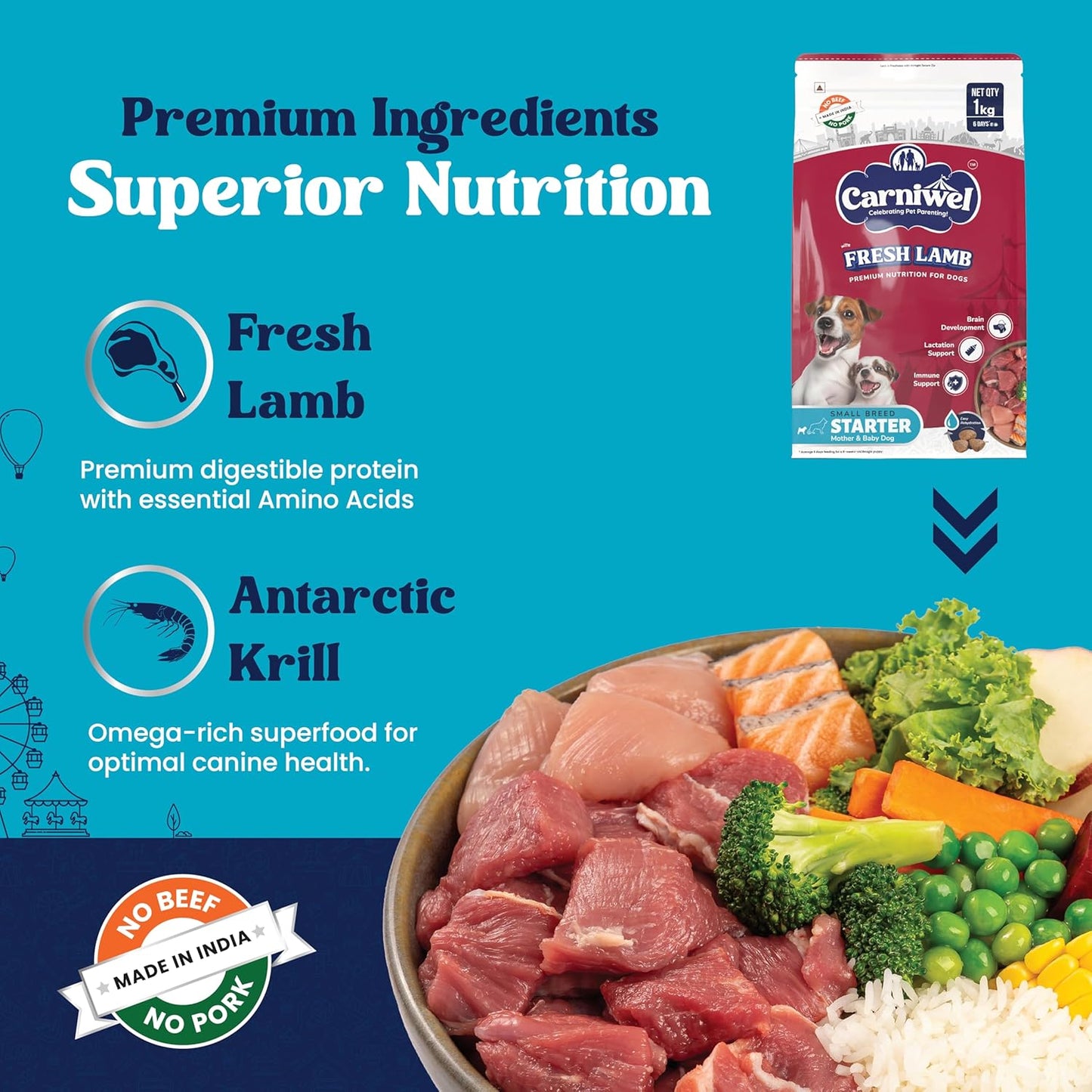 Carniwel Fresh Lamb Starter Dry Dog Food 1 Kg | Natural Ingredients for Easy Weaning | GMO-Free | Highly Palatable | Immune & Lactation Support | Premium Nutrition | Tailored for Small Dogs