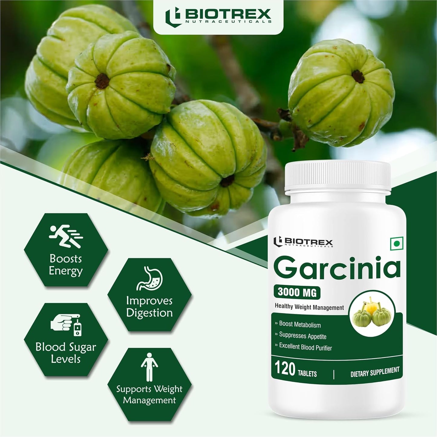 Biotrex Nutraceuticals Garcinia Cambogia 3000mg 60% HCA With 6mg Piperine | Supports Metabolism & Energy Levels | Healthy Weight Management | Complete Natural Formula | 120 Vegan Tablets
