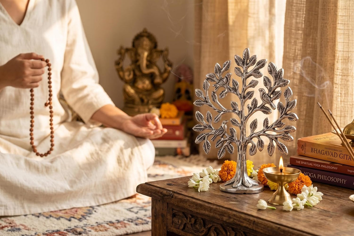 Metal Kalpavriksha Tree for Home Decor - Golden Wish Fulfilling Tree Metal Showpiece for Temple, Vastu, Office Table & Gifting Banyan (No 0 Silver)