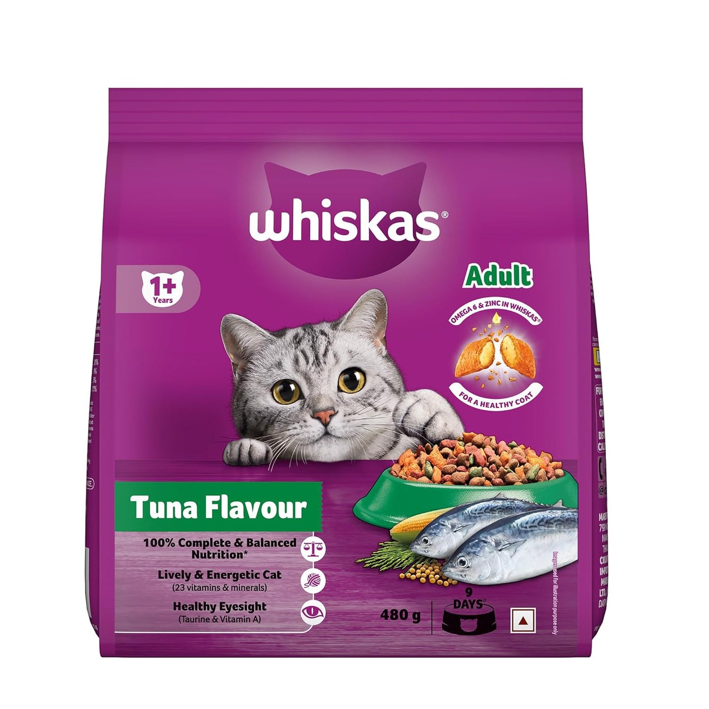 Whiskas Adult (1+ Years) Dry Cat Food, Tuna Flavour, 480 g, Contains 41 Essential Nutrients, Complete & Balanced Nutrition for Adult Cats