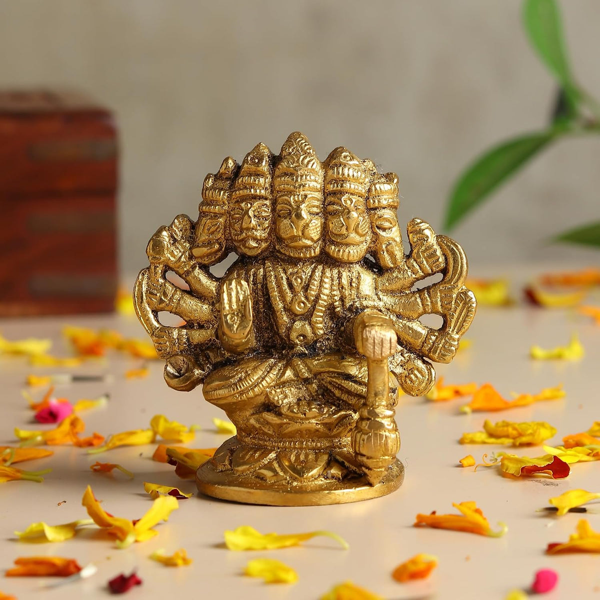 Panchmukhi Hanuman Ji Idol | Brass Five Face Hanuman Sculpture with Radiant Finish for Pooja Room | Festive Gift Idol (Design07: L7 x W5 x H7 cm)