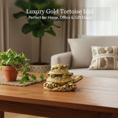 Triple Tortoise Turtle Family | Golden Feng Shui Tortoise for Good Luck | Metal Turtle Vastu Showpiece for Wealth, Health & Prosperity | Lucky Turtle Gift Item for Home & Office Decor