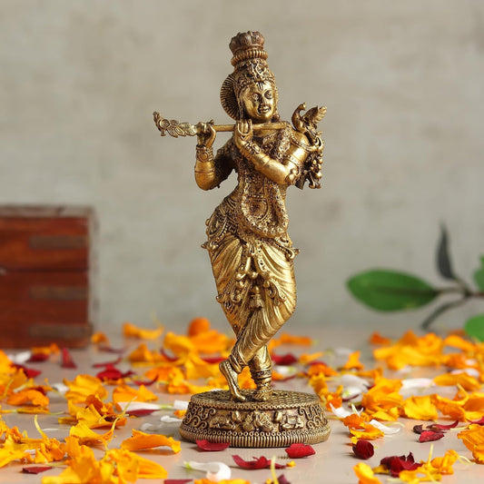 Handcrafted Brass Krishna Murti | Divine Flute-Playing Lord Krishna Idol for Home Temple & Spiritual Decor (Design03: L6 x W4 x H13 cm)