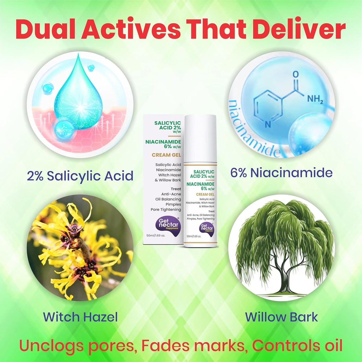 Product packaging with salicylic acid, niacinamide, witch hazel, and willow bark on a green background.